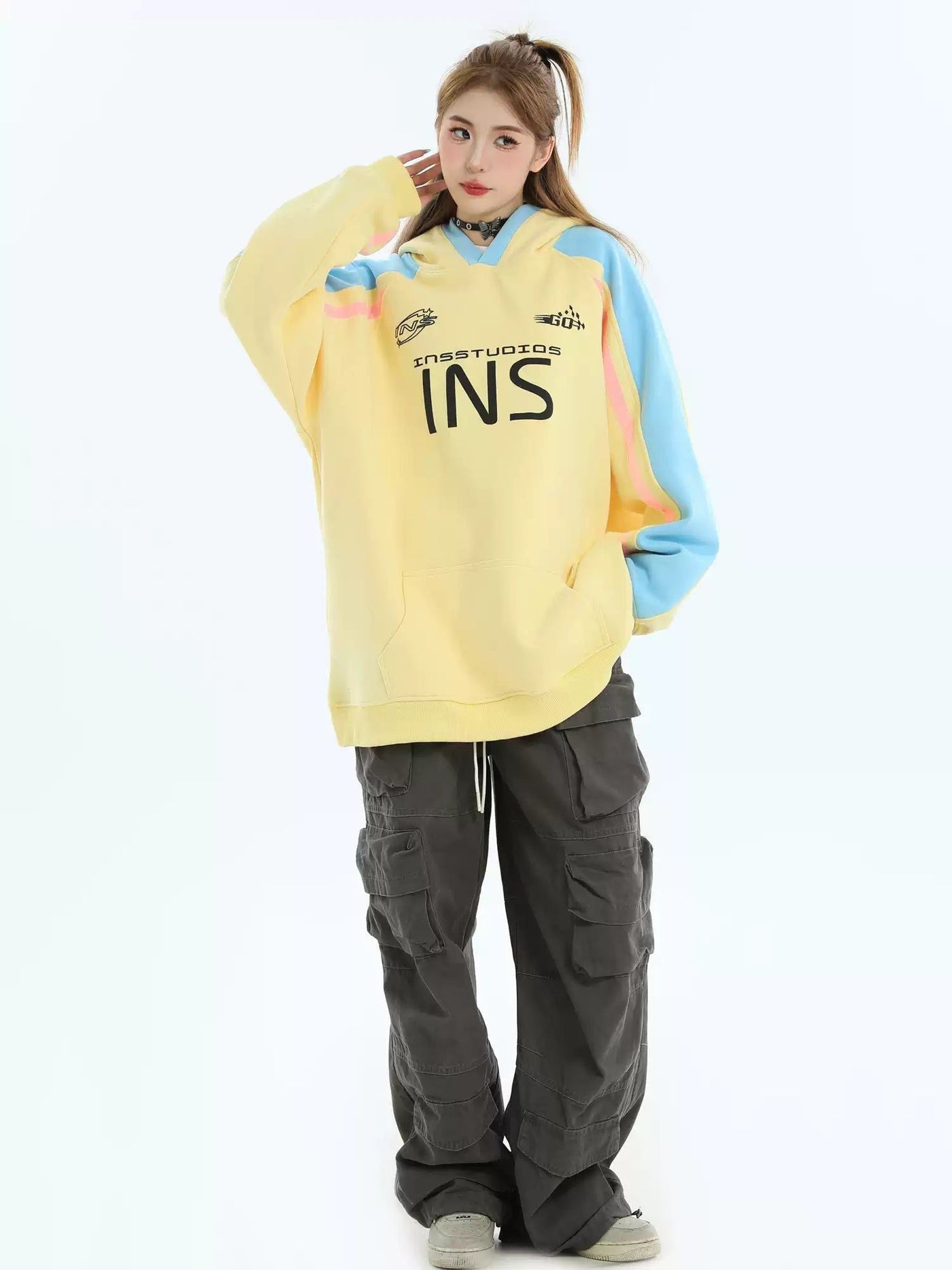 Loose Fit Tri Tone Hoodie Korean Street Fashion Hoodie By INS Korea Shop Online at OH Vault