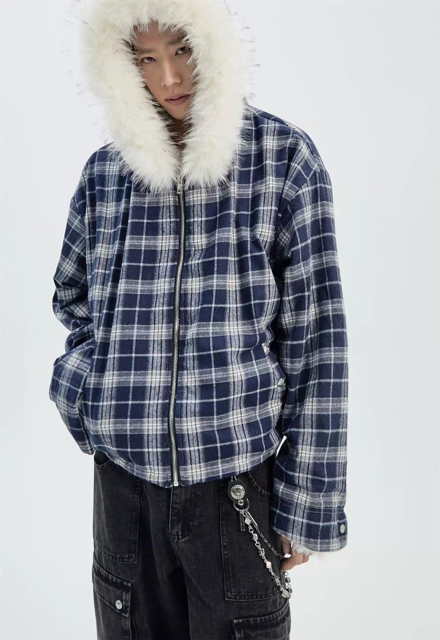 Checked Fur Collar Hooded Jacket Korean Street Fashion Jacket By Ash Dark Shop Online at OH Vault