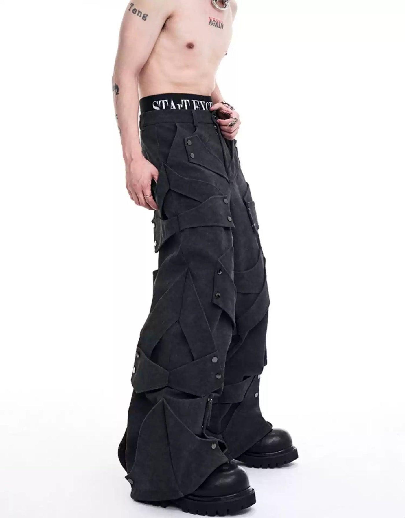 Deconstructed Multi-Straps Micro Suede Pants Korean Street Fashion Pants By Slim Black Shop Online at OH Vault