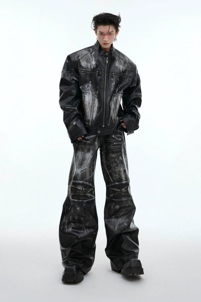 Paint Smudges PU Leather Jacket & Pants Set Korean Street Fashion Clothing Set By Argue Culture Shop Online at OH Vault