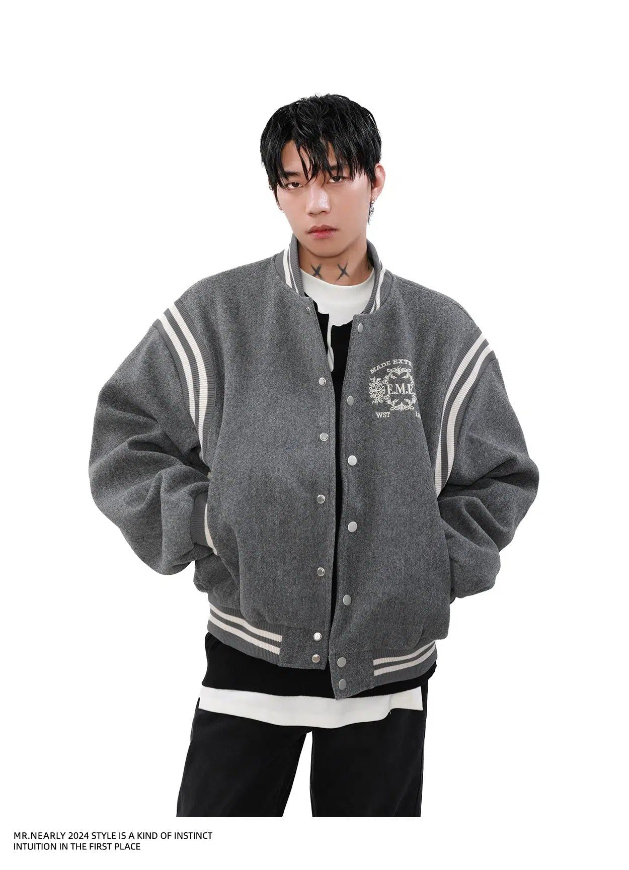 Logo Embroidery Varsity Jacket Korean Street Fashion Jacket By Mr Nearly Shop Online at OH Vault