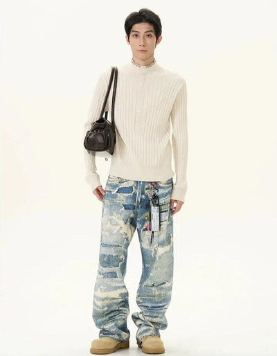 Washed Ripped Pattern Jeans Korean Street Fashion Jeans By 77Flight Shop Online at OH Vault