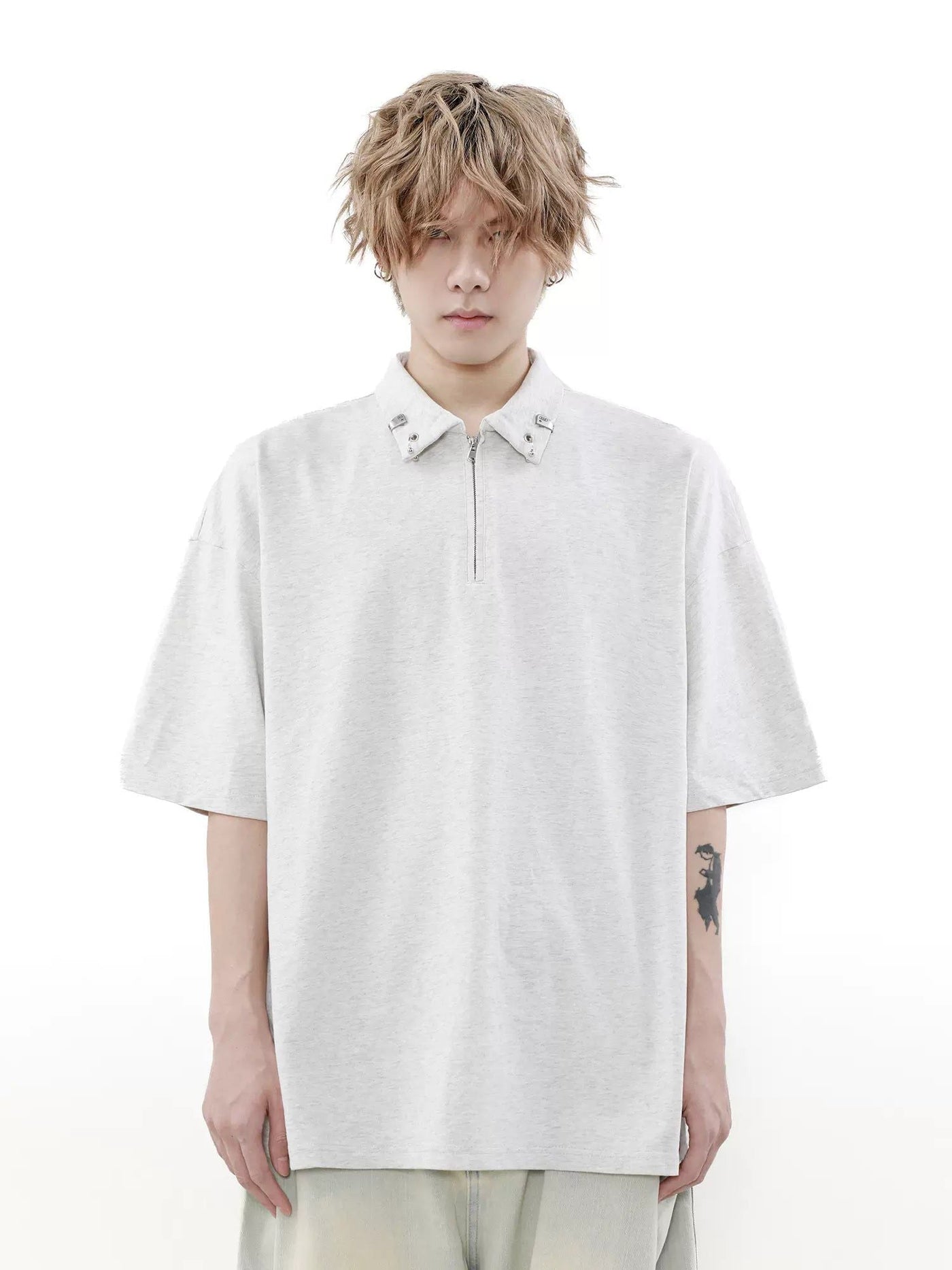 Metal Collar Detail Zipped Polo Korean Street Fashion Polo By Mr Nearly Shop Online at OH Vault