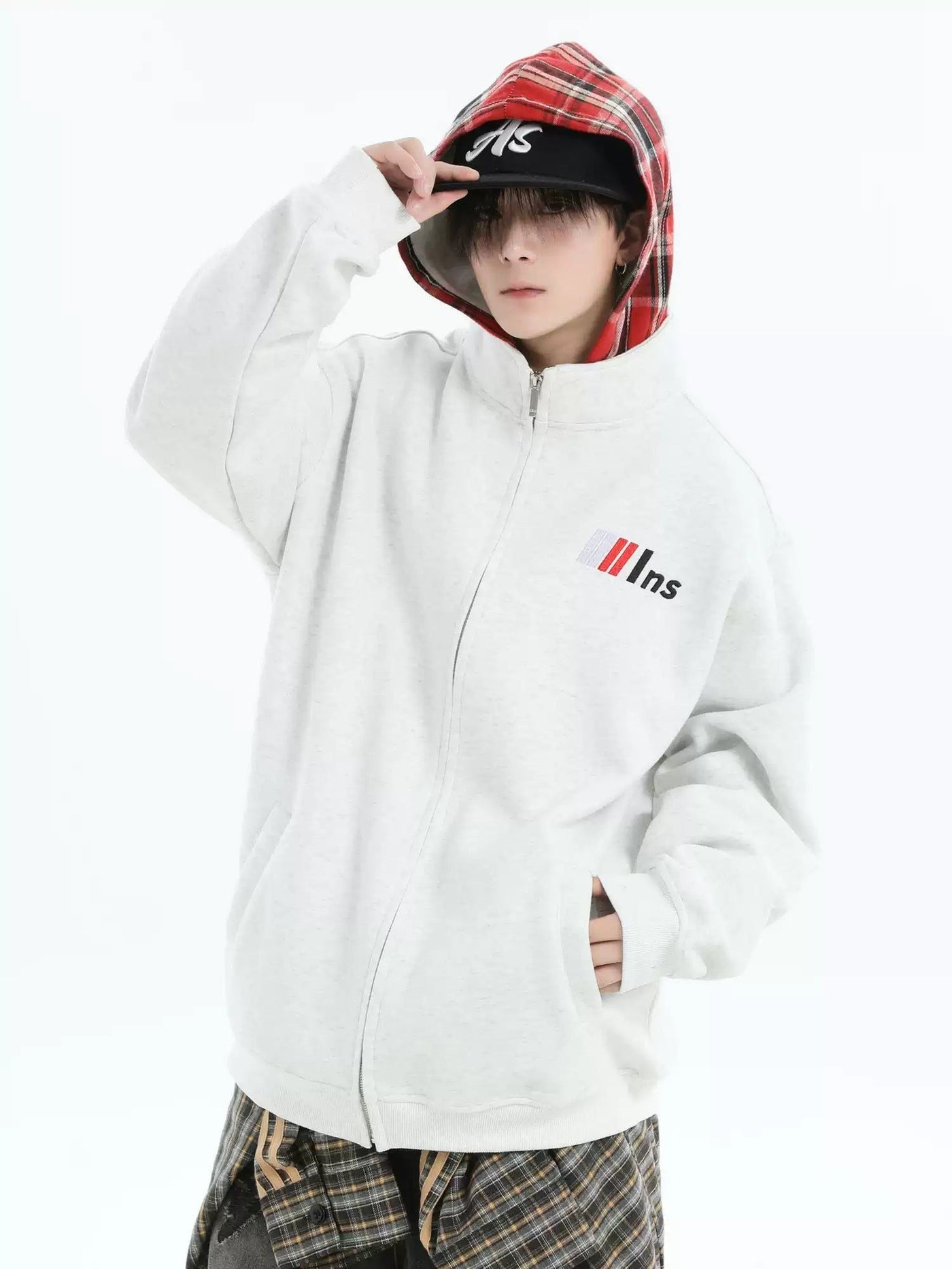 Spliced Plaid Hood Zippered Hoodie Korean Street Fashion Hoodie By INS Korea Shop Online at OH Vault