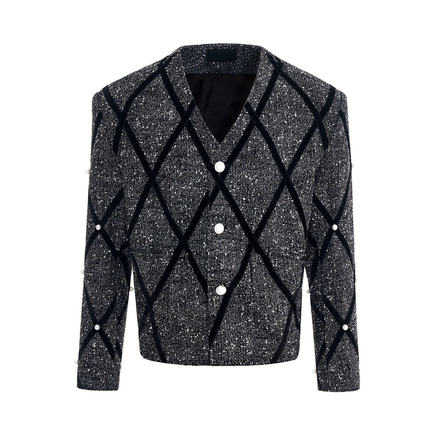 V-Neck Pearl Detailed Tweed Blazer Korean Street Fashion Blazer By Slim Black Shop Online at OH Vault