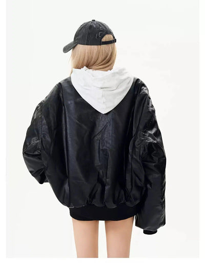 Spliced Hood Bomber Leather Jacket Korean Street Fashion Jacket By MaxDstr Shop Online at OH Vault