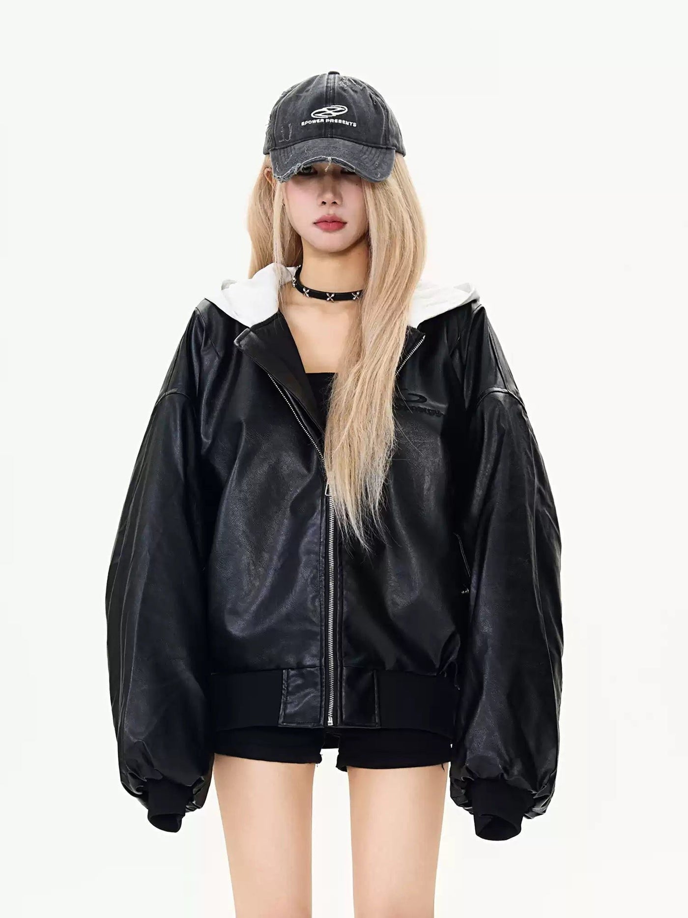 Spliced Hood Bomber Leather Jacket Korean Street Fashion Jacket By MaxDstr Shop Online at OH Vault