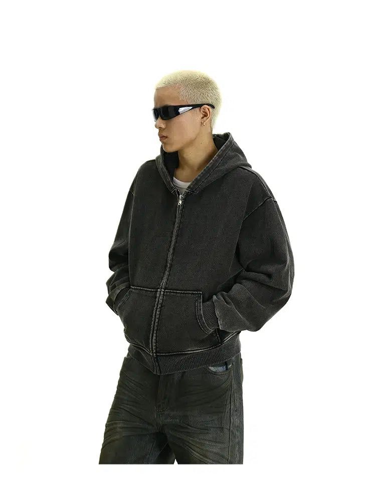 Washed Hooded Zip-Up Jacket Korean Street Fashion Jacket By MEBXX Shop Online at OH Vault