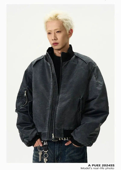 Washed Ribbed Hem Short Jacket Korean Street Fashion Jacket By A PUEE Shop Online at OH Vault