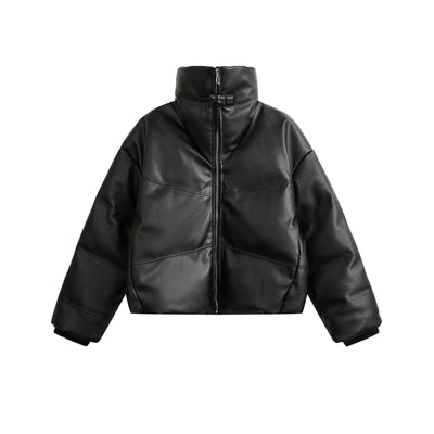 Stand Collar Puffer PU Leather Jacket Korean Street Fashion Jacket By Dark Fog Shop Online at OH Vault