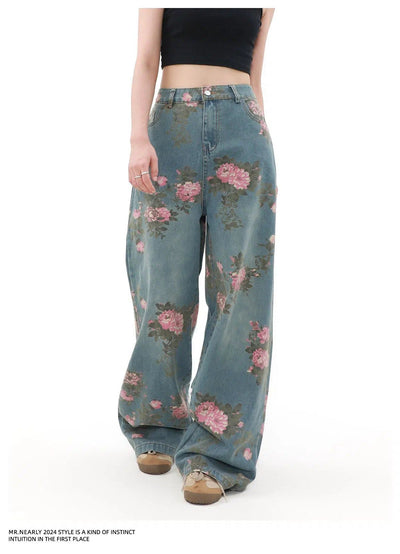 Washed Floral Full-Print Jeans Korean Street Fashion Jeans By Mr Nearly Shop Online at OH Vault