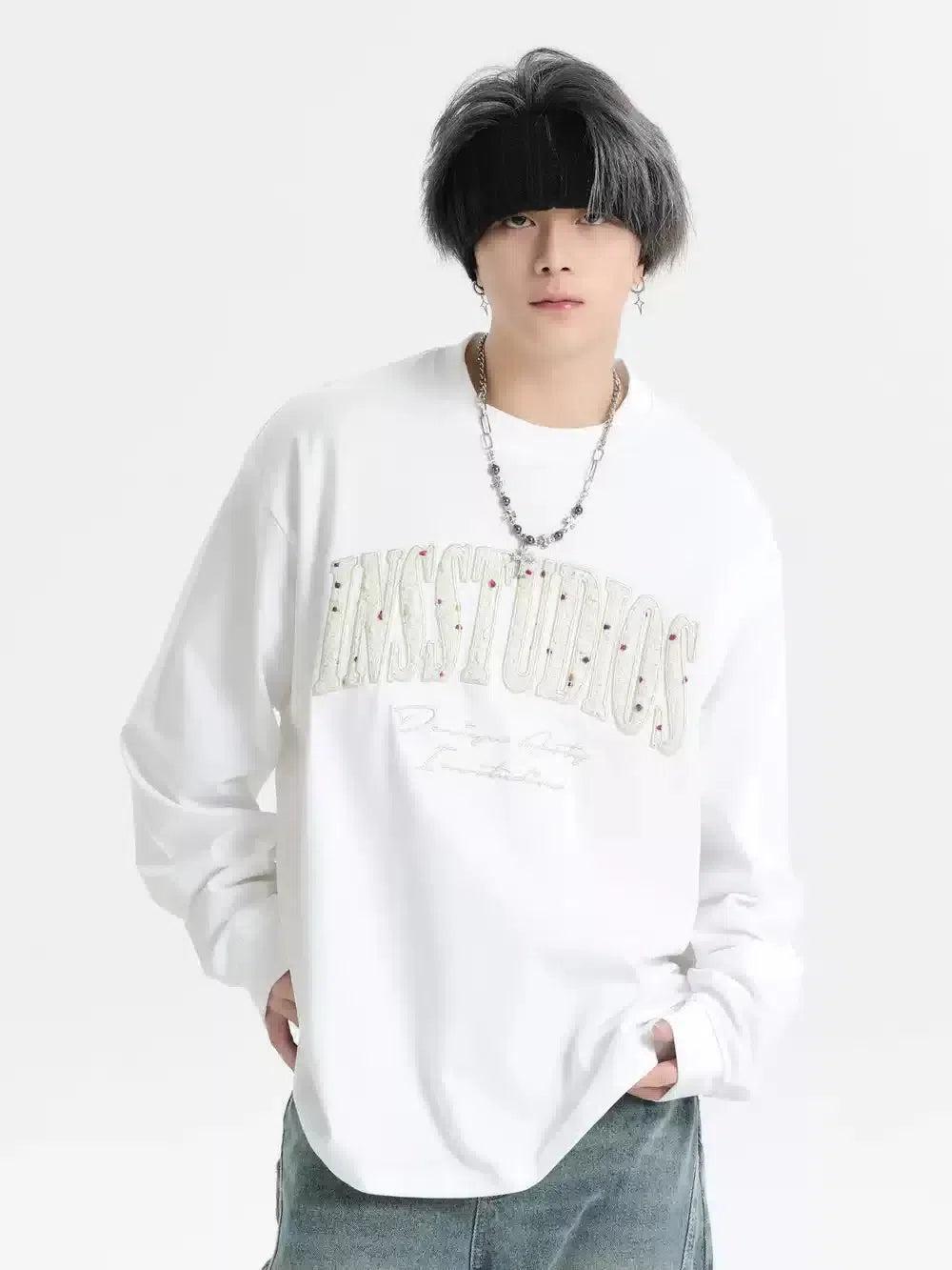 Patched & Embroidered Logo Long Sleeve T-Shirt Korean Street Fashion T-Shirt By INS Korea Shop Online at OH Vault