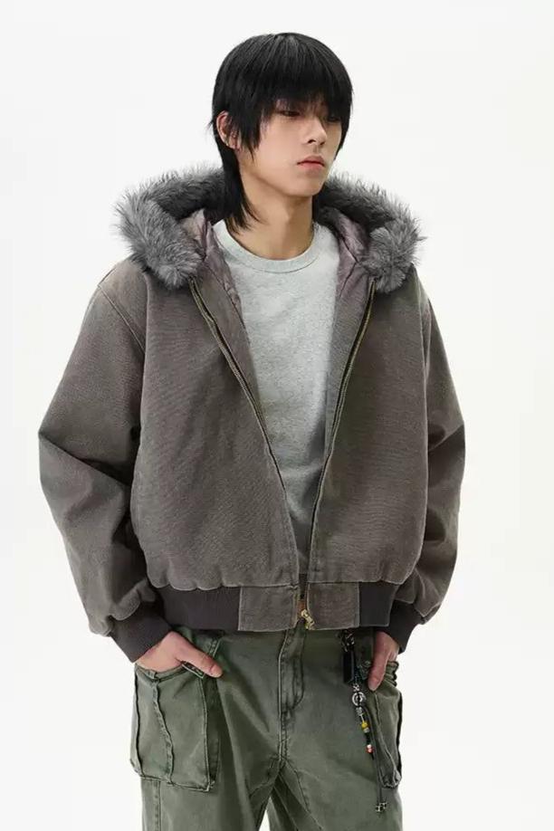 Fur Trimmed Hood Denim Jacket Korean Street Fashion Jacket By 77Flight Shop Online at OH Vault