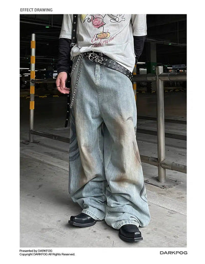 Mud-Dyed Hand Painted Totem Jeans Korean Street Fashion Jeans By Dark Fog Shop Online at OH Vault