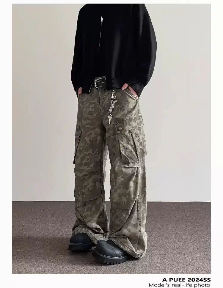 Pleated Flared Camo Cargo Pants Korean Street Fashion Pants By A PUEE Shop Online at OH Vault