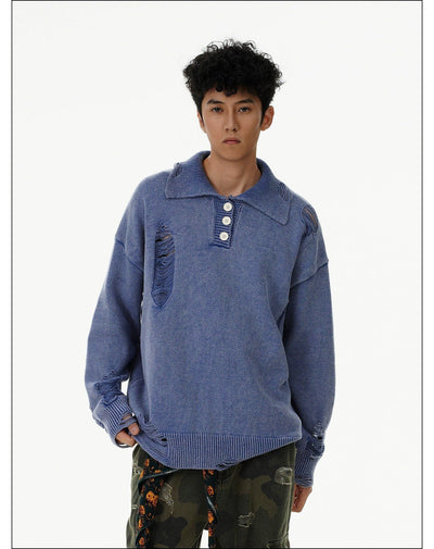 Washed Ripped Hole Knit Polo Korean Street Fashion Polo By Mr Nearly Shop Online at OH Vault