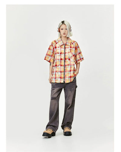 Raw Edge Plaid Zip-Up Shirt Korean Street Fashion Shirt By Made Extreme Shop Online at OH Vault