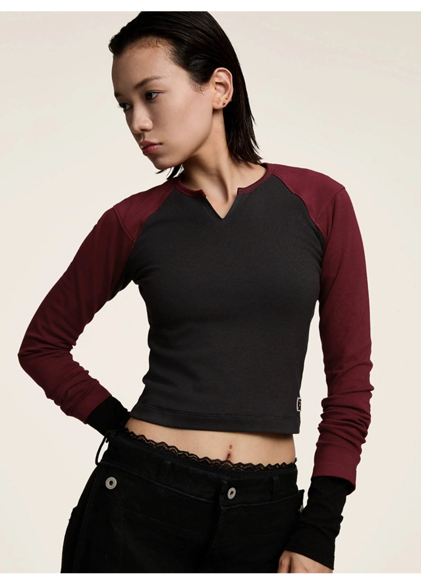 Sporty Contrast Cropped Long Sleeve T-Shirt Korean Street Fashion T-Shirt By Opicloth Shop Online at OH Vault