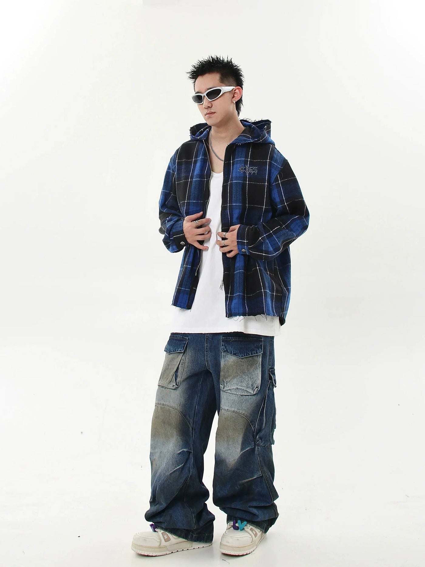 Logo Plaid Raw Edge Zip-Up Hoodie Korean Street Fashion Hoodie By Blacklists Shop Online at OH Vault