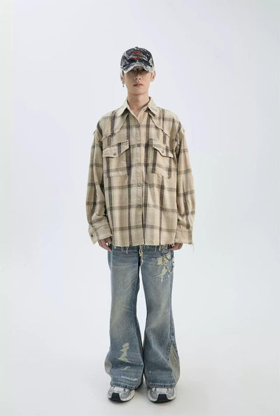 Flap Pocket Fringed Plaid Shirt Korean Street Fashion Shirt By Ash Dark Shop Online at OH Vault