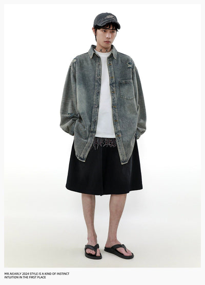 One-Pocket Ripped Denim Shirt Korean Street Fashion Shirt By Mr Nearly Shop Online at OH Vault