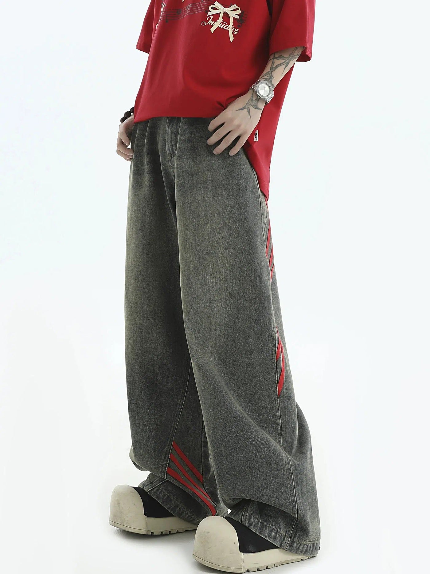 Red Lines Bootcut Jeans Korean Street Fashion Jeans By INS Korea Shop Online at OH Vault