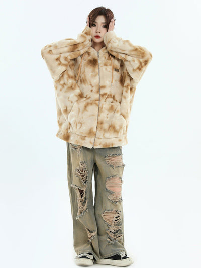 Drawstring Tie-Dyed Fleece Hooded Jacket Korean Street Fashion Jacket By INS Korea Shop Online at OH Vault