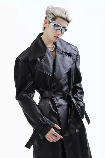 Waist Belt Leather Long Coat Korean Street Fashion Long Coat By Turn Tide Shop Online at OH Vault