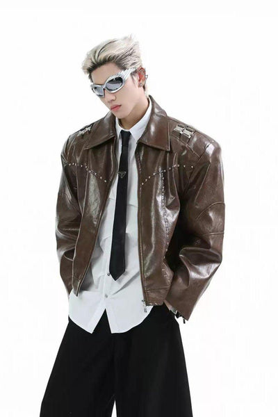 Metallic Detailed PU Leather Jacket Korean Street Fashion Jacket By Turn Tide Shop Online at OH Vault