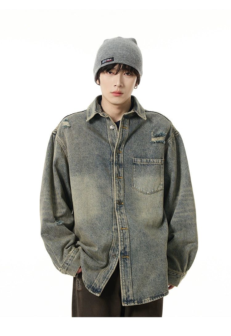 Faded & Distressed Denim Jacket Korean Street Fashion Jacket By 77Flight Shop Online at OH Vault