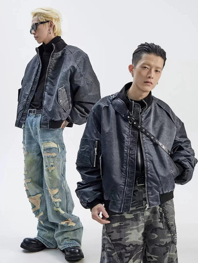 Distressed Washed Short Bomber Jacket Korean Street Fashion Jacket By Ash Dark Shop Online at OH Vault