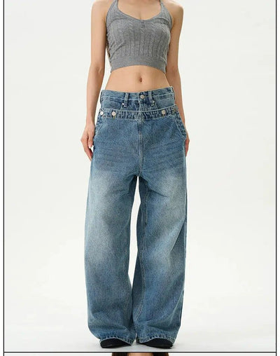 Faded Double-Waist Style Jeans Korean Street Fashion Jeans By 77Flight Shop Online at OH Vault