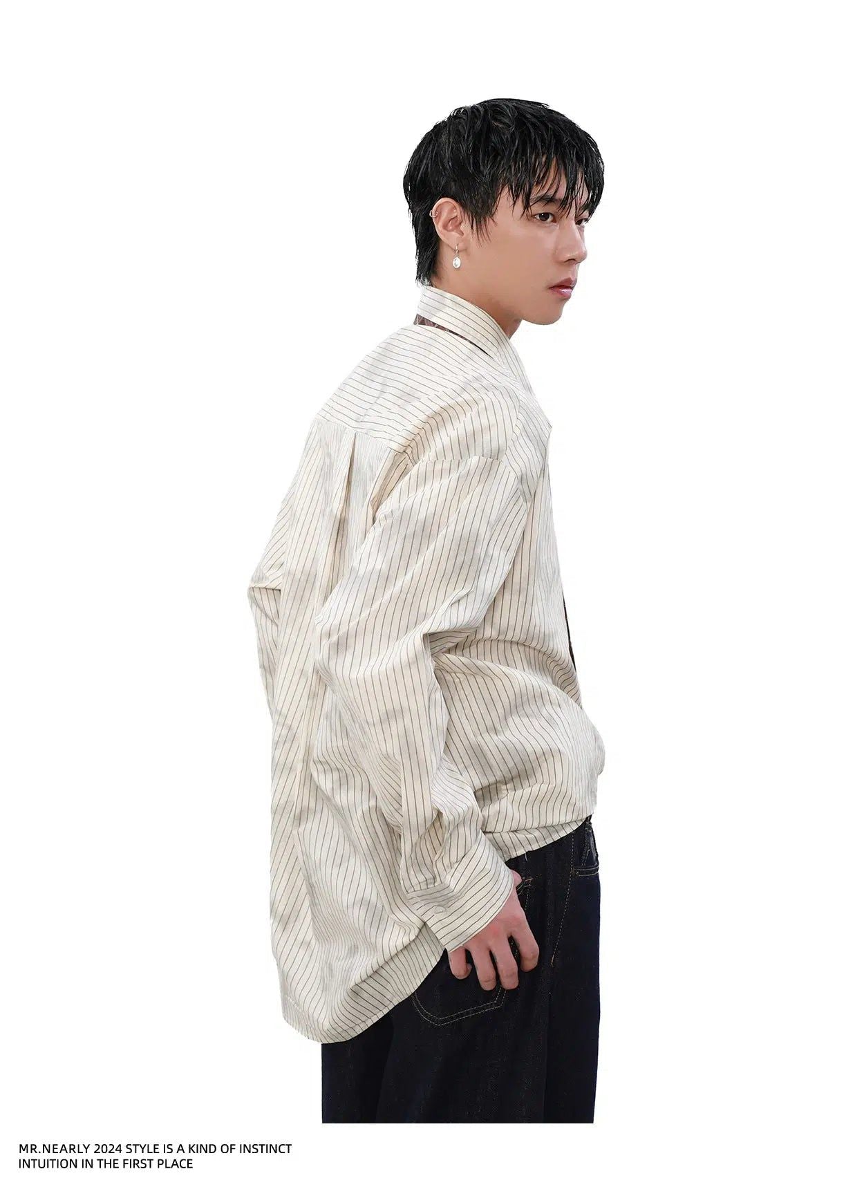 Vertical Stripes Stitched Pocket Shirt Korean Street Fashion Shirt By Mr Nearly Shop Online at OH Vault