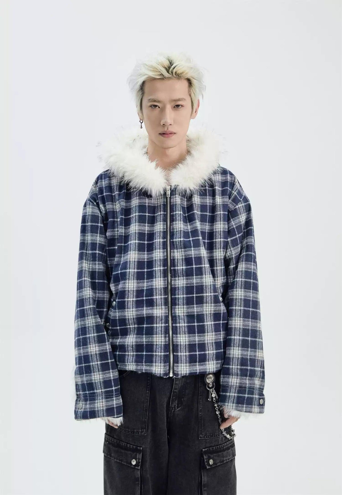 Checked Fur Collar Hooded Jacket Korean Street Fashion Jacket By Ash Dark Shop Online at OH Vault