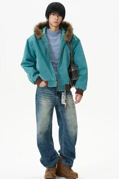 Fur Trimmed Hood Denim Jacket Korean Street Fashion Jacket By 77Flight Shop Online at OH Vault