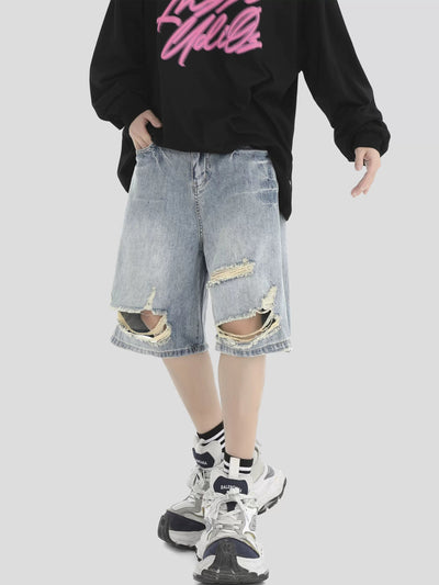 Knee Rip Denim Shorts Korean Street Fashion Shorts By INS Korea Shop Online at OH Vault