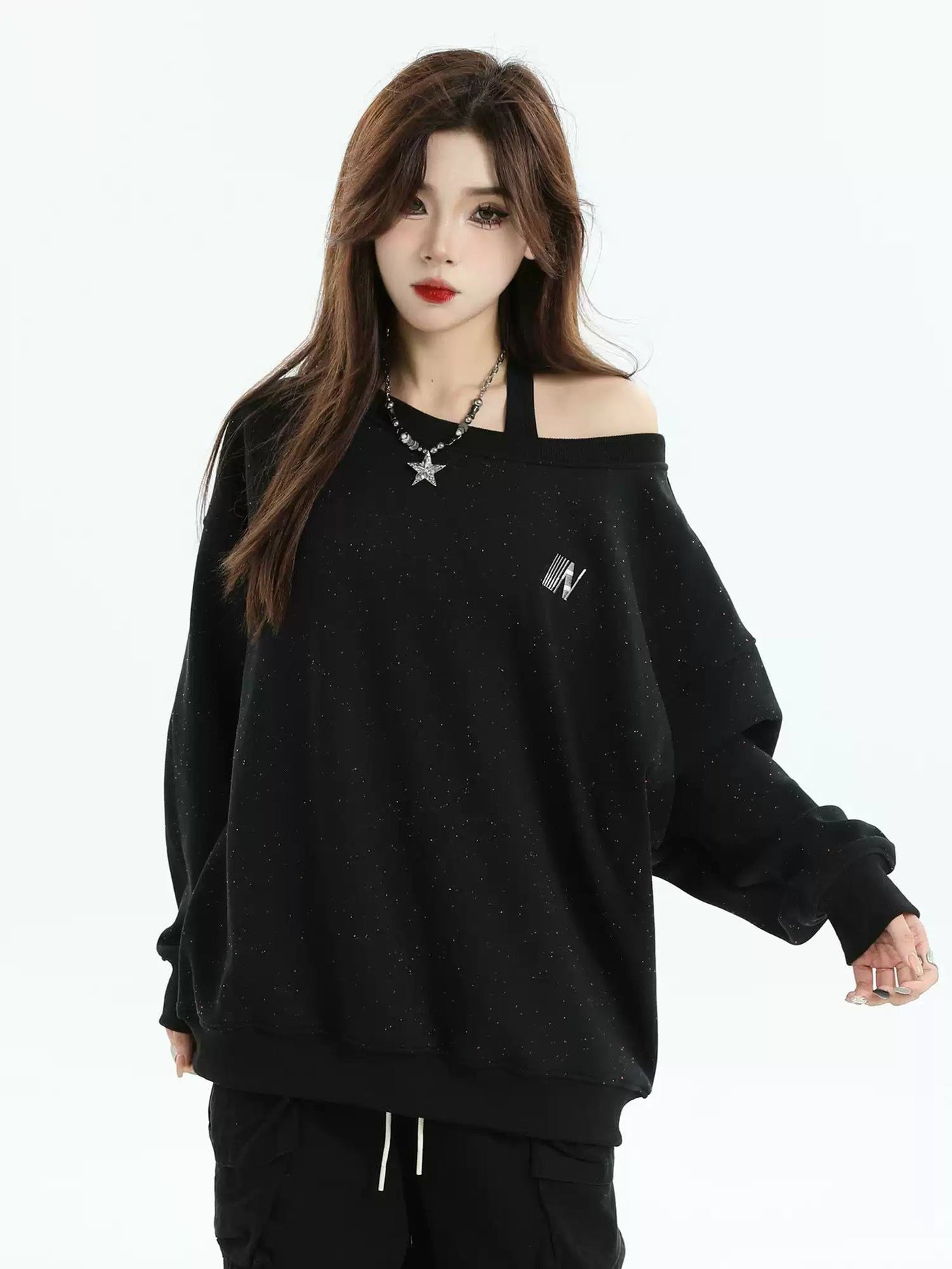 Side Off Shoulder Crewneck Korean Street Fashion Crewneck By INS Korea Shop Online at OH Vault