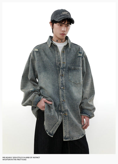 One-Pocket Ripped Denim Shirt Korean Street Fashion Shirt By Mr Nearly Shop Online at OH Vault