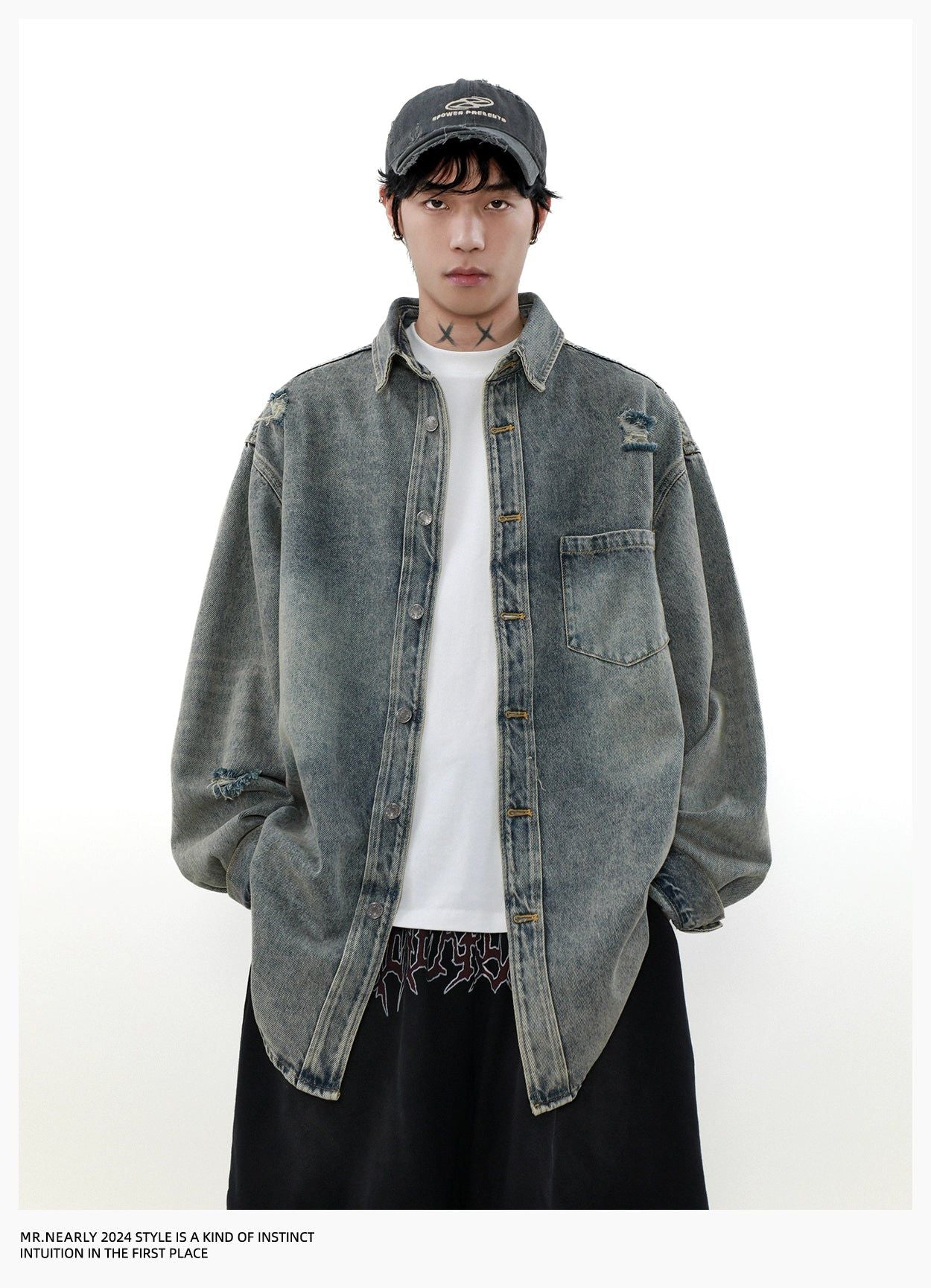 One-Pocket Ripped Denim Shirt Korean Street Fashion Shirt By Mr Nearly Shop Online at OH Vault