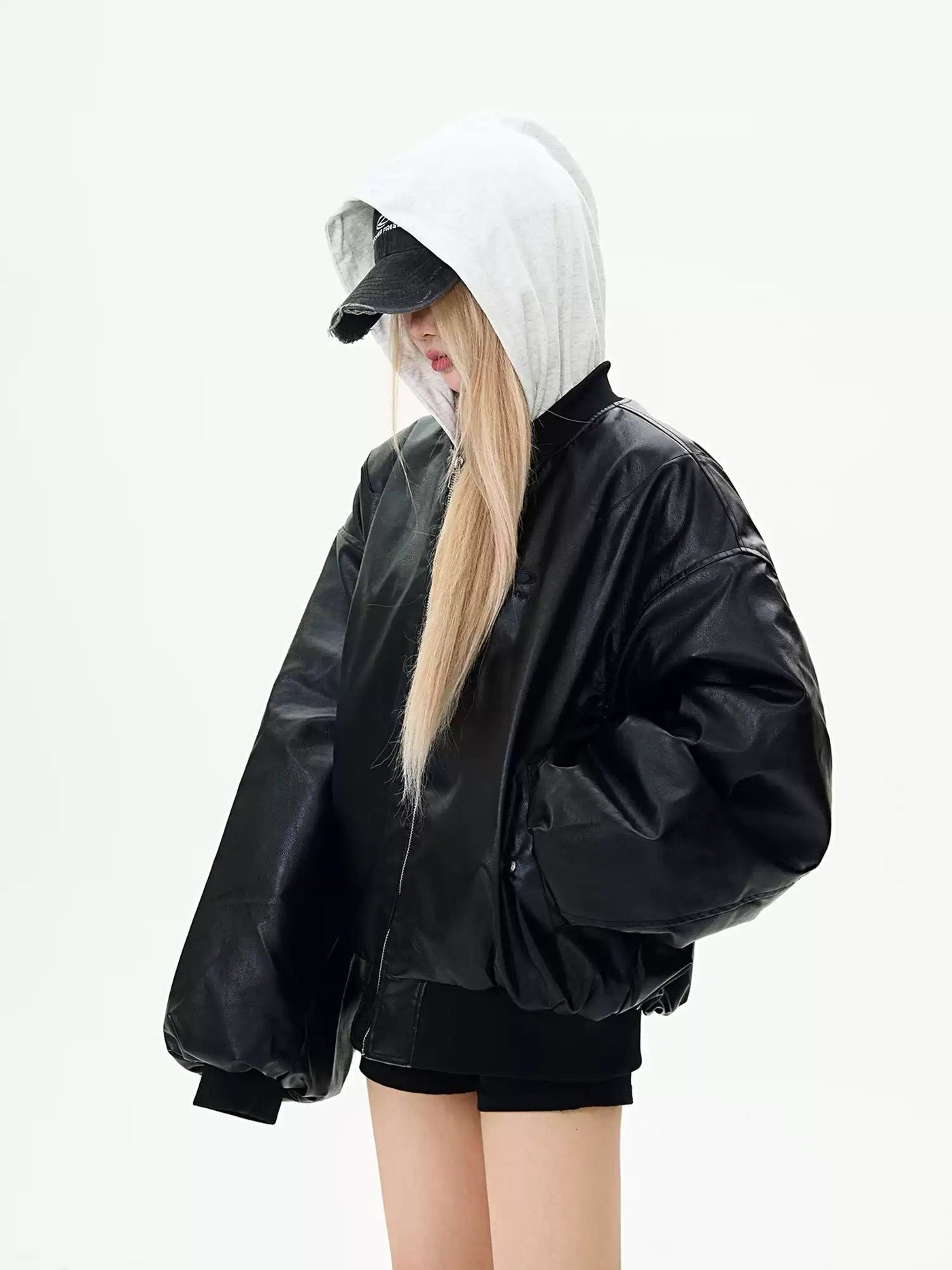 Spliced Hood Bomber Leather Jacket Korean Street Fashion Jacket By MaxDstr Shop Online at OH Vault