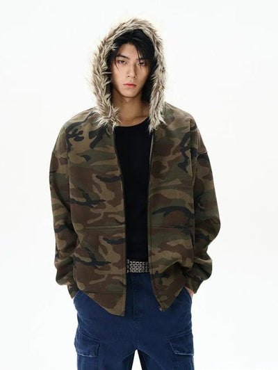 Camo Fur Collar Zip-Up Hoodie Korean Street Fashion Hoodie By 77Flight Shop Online at OH Vault