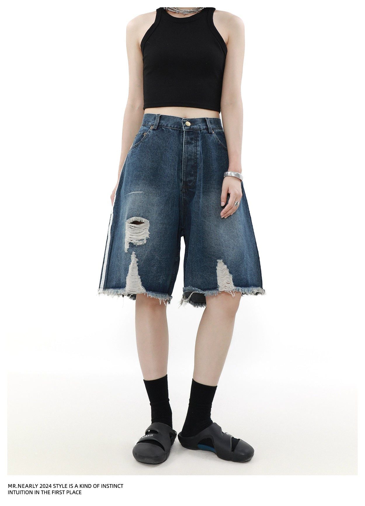 Striped Raw Edge Ripped Denim Shorts Korean Street Fashion Shorts By Mr Nearly Shop Online at OH Vault