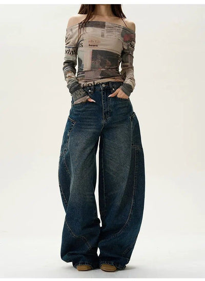 Wide Leg Scimitar Shape Jeans Korean Street Fashion Jeans By 77Flight Shop Online at OH Vault