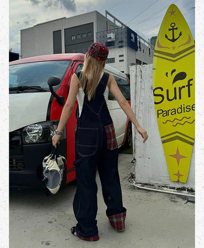 Plaid Patched Denim Overall Korean Street Fashion Clothing Set By Made Extreme Shop Online at OH Vault