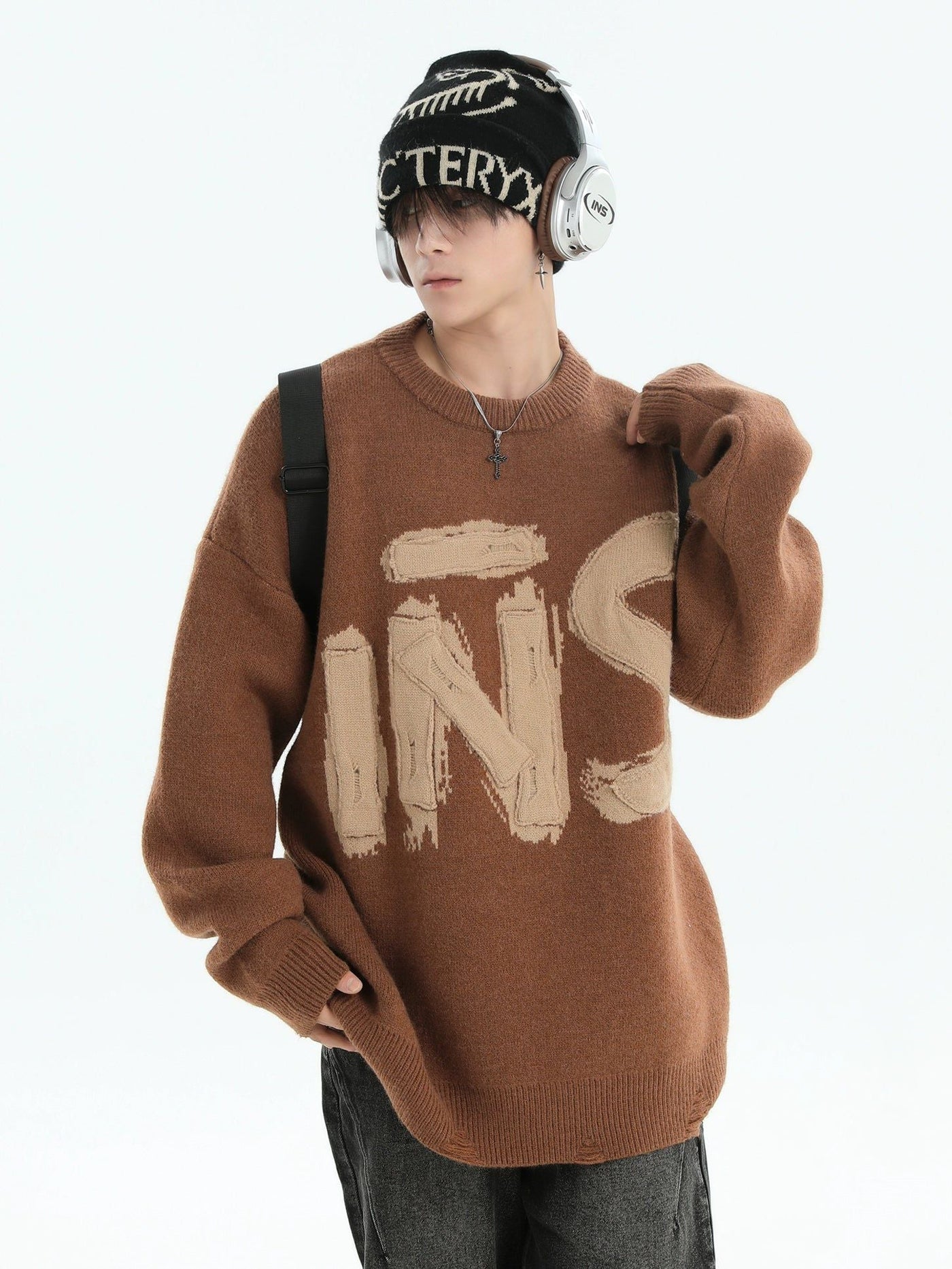 Smudged Logo Patched Sweater Korean Street Fashion Sweater By INS Korea Shop Online at OH Vault