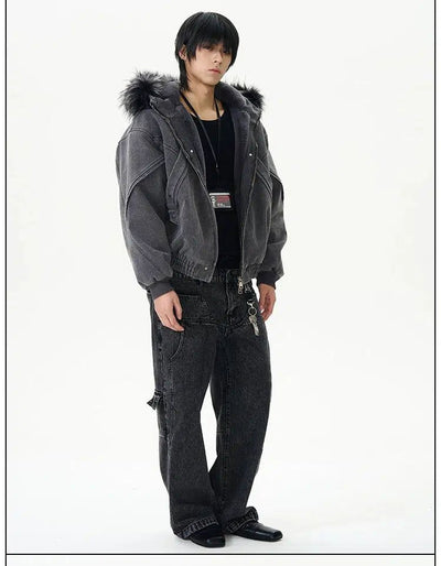 Faded Fur Trimmed Hooded Jacket Korean Street Fashion Jacket By 77Flight Shop Online at OH Vault