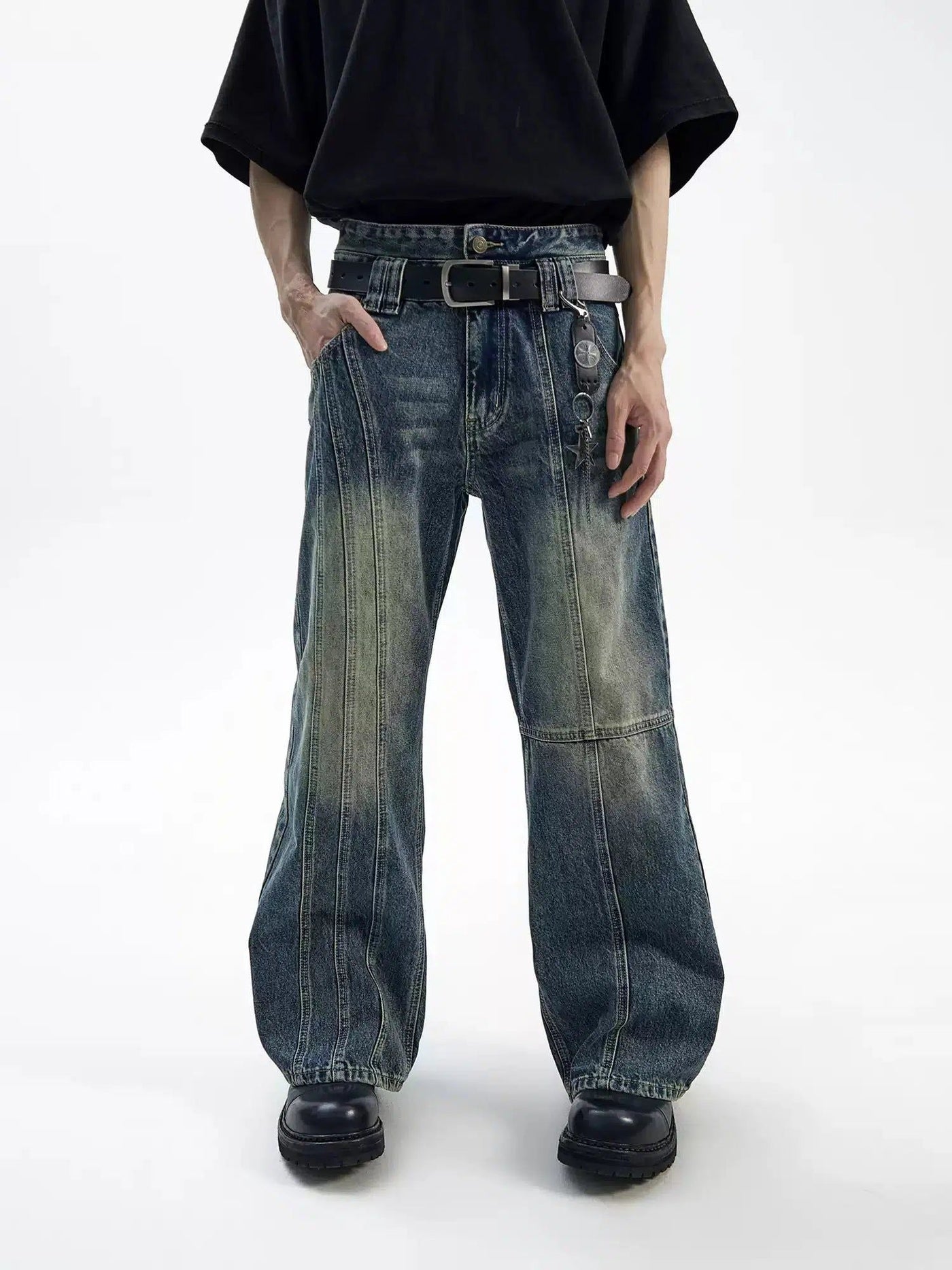 Irregular Stitched Double-Waist Flared Jeans Korean Street Fashion Jeans By Ash Dark Shop Online at OH Vault