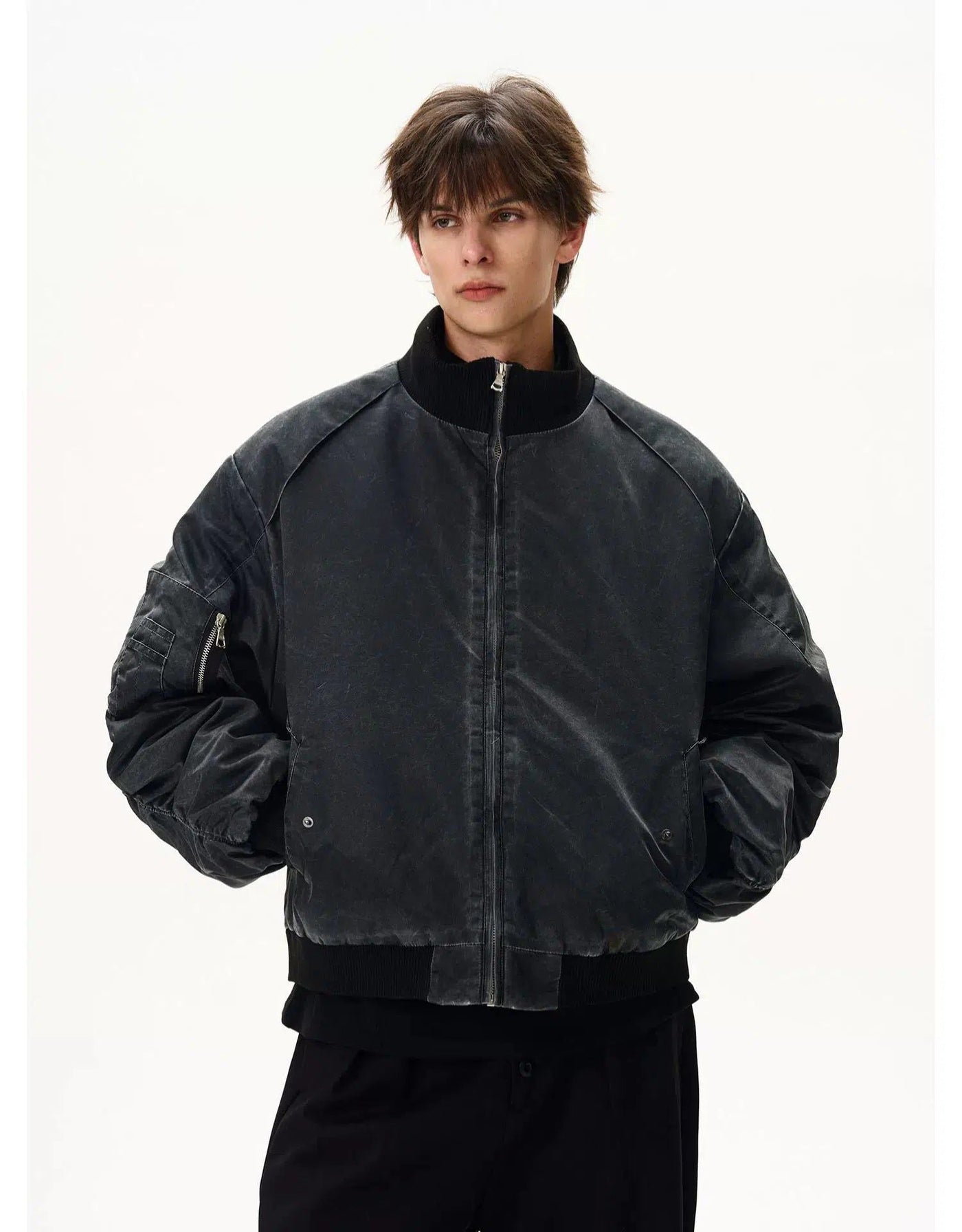 Washed Ribbed Hem Zip-Front Jacket Korean Street Fashion Jacket By MaxDstr Shop Online at OH Vault