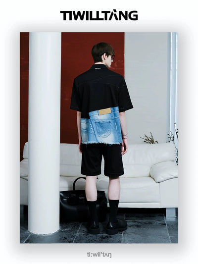 Denim Spliced Detail Shirt & Shorts Set Korean Street Fashion Clothing Set By TIWILLTANG Shop Online at OH Vault