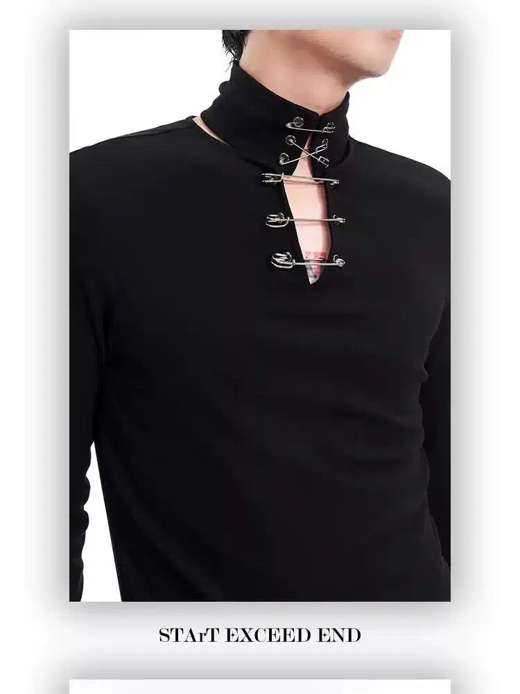 Detachable Collar Pin Decoration Long Sleeve T-Shirt Korean Street Fashion T-Shirt By Slim Black Shop Online at OH Vault